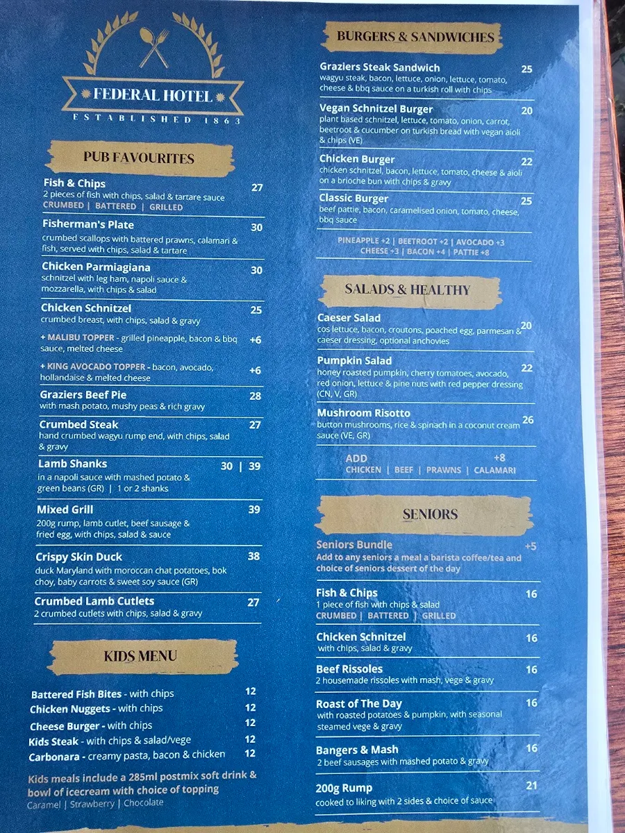 Menu, Federal Hotel