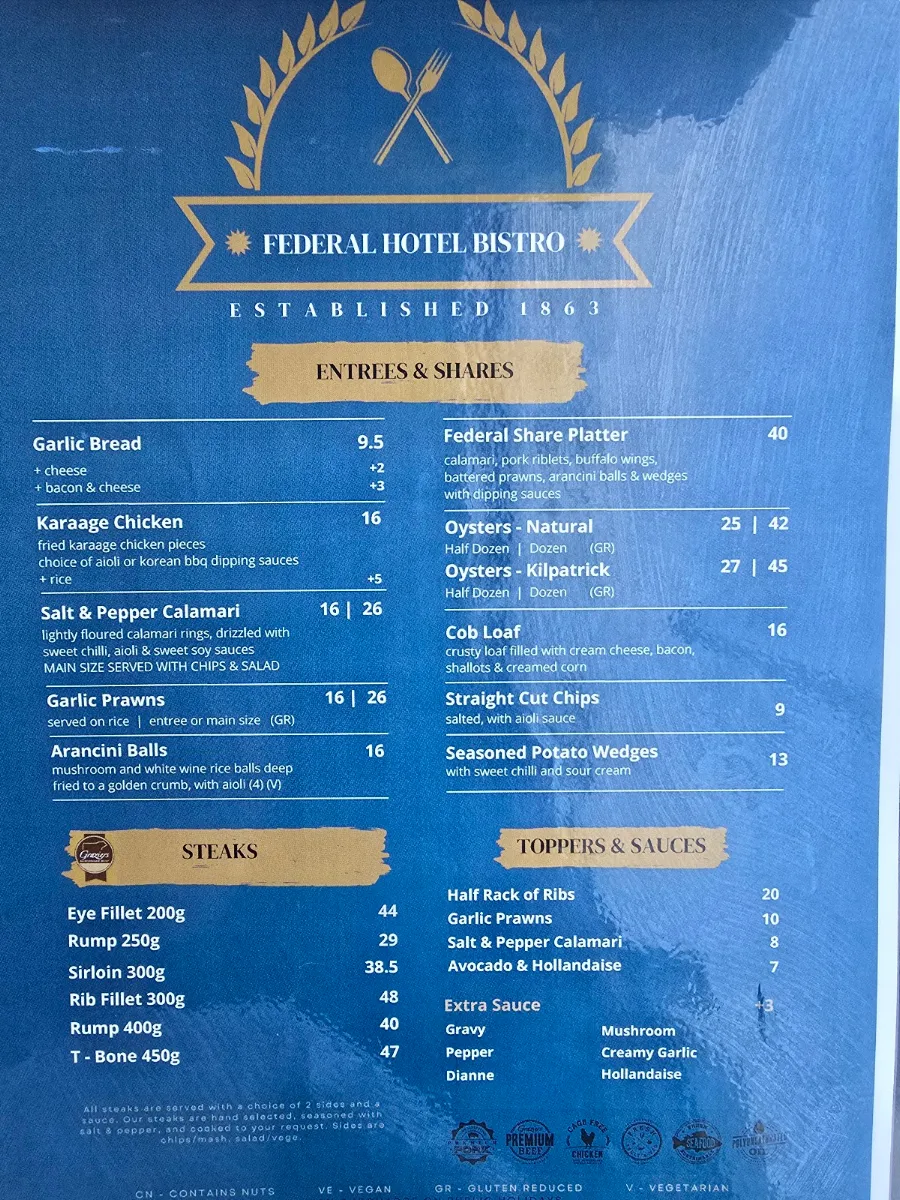 Menu, Federal Hotel
