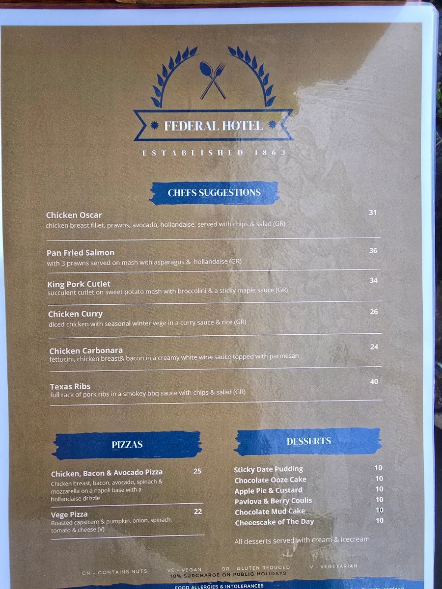 Menu, Federal Hotel