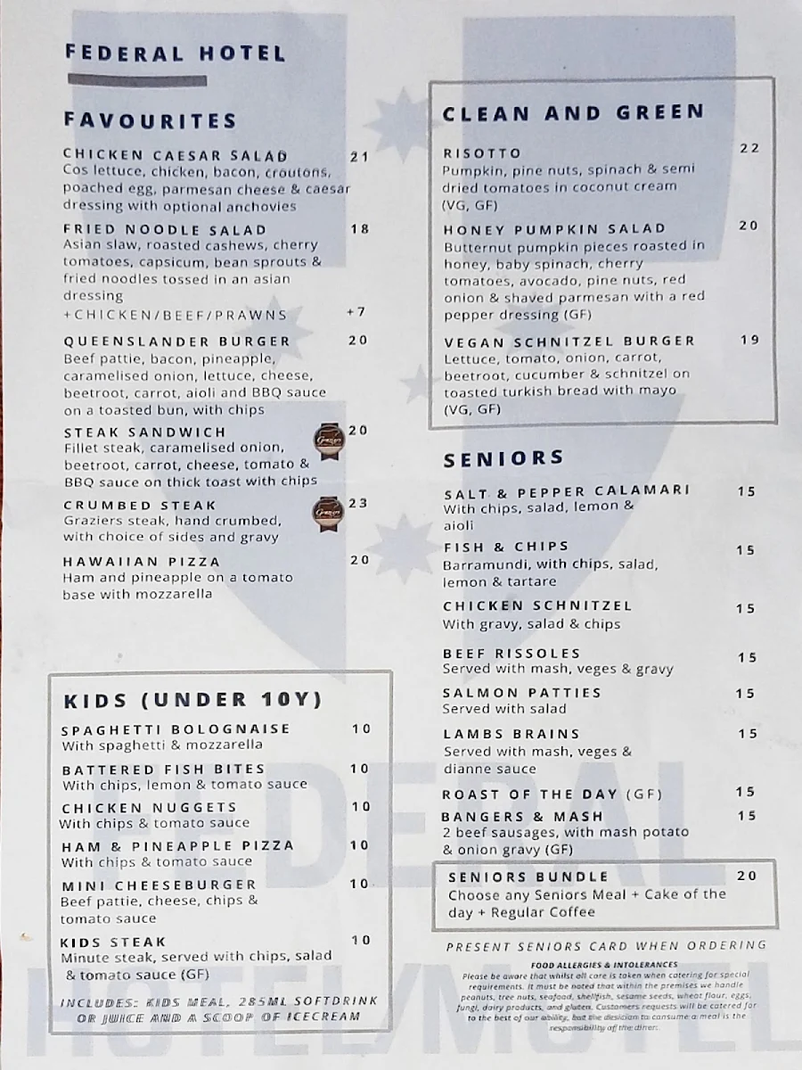 Menu, Federal Hotel