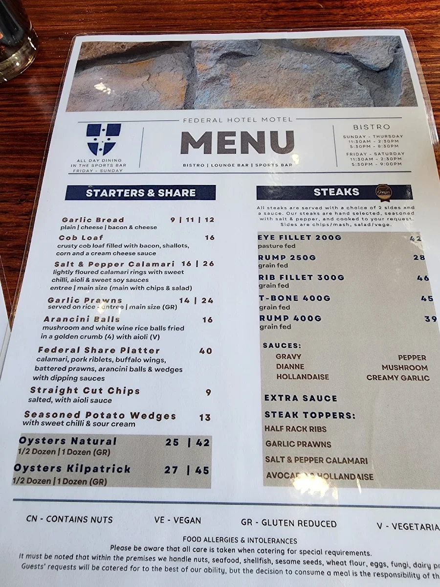Menu, Federal Hotel
