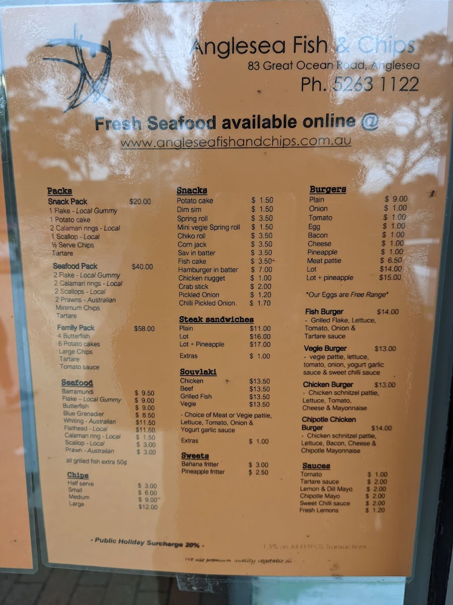 Menu, Anglesea Fish and Chips