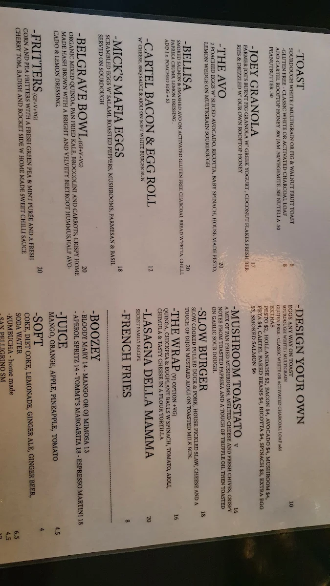 Menu, Belgrave Cartel