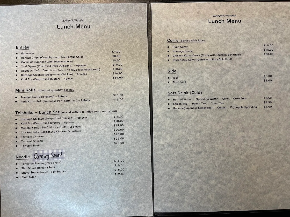 Menu, IZAKAYA Wasshoi Dubbo