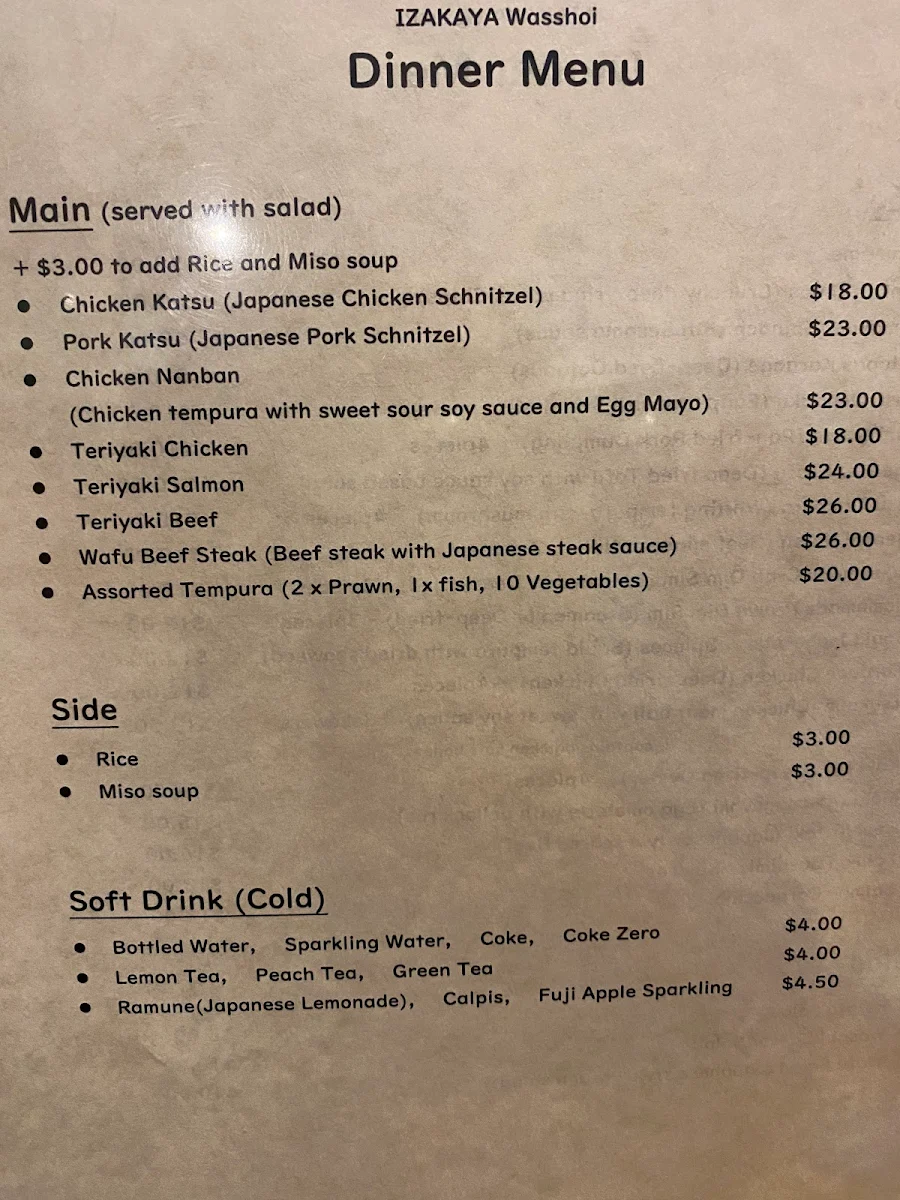 Menu, IZAKAYA Wasshoi Dubbo