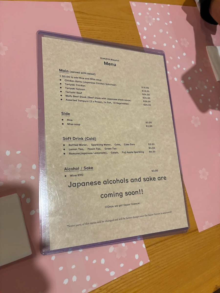 Menu, IZAKAYA Wasshoi Dubbo