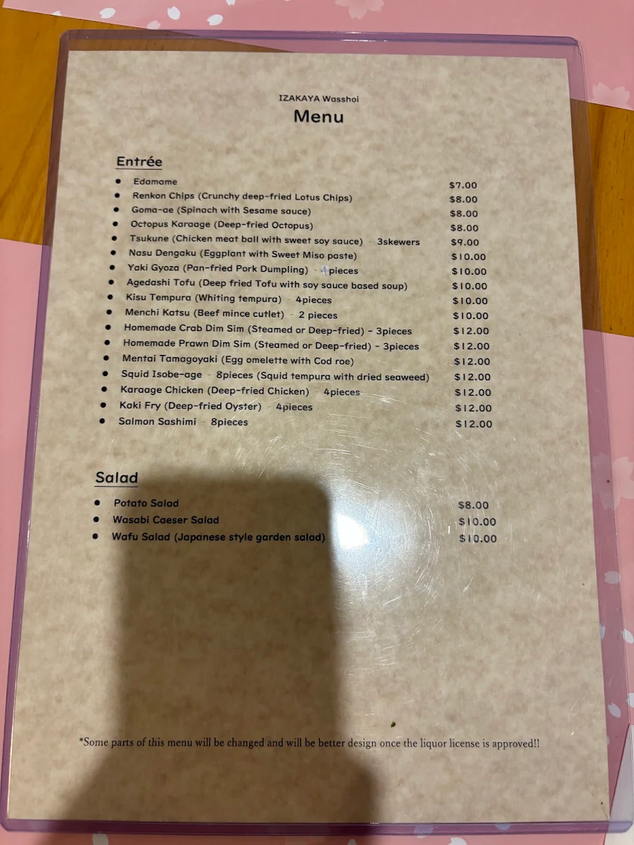 Menu, IZAKAYA Wasshoi Dubbo