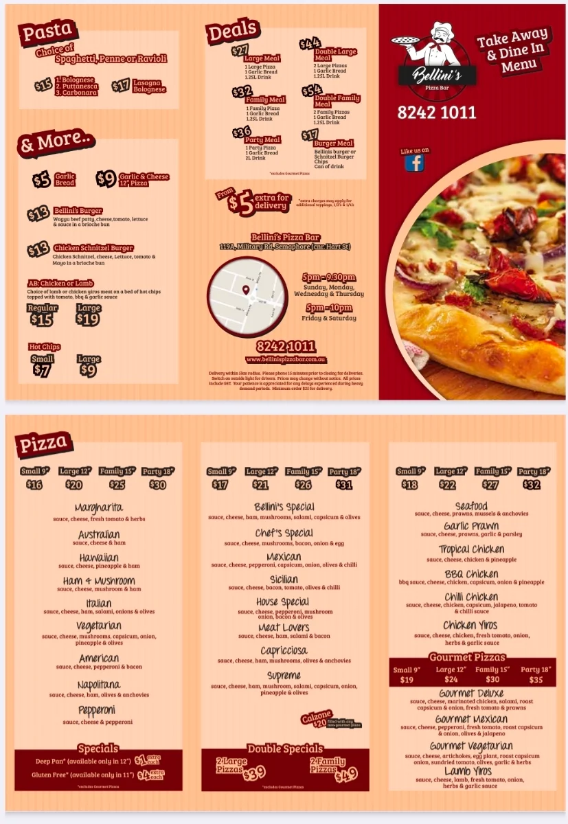 Menu, Bellinis Pizza Bar