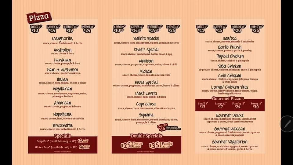 Menu, Bellinis Pizza Bar