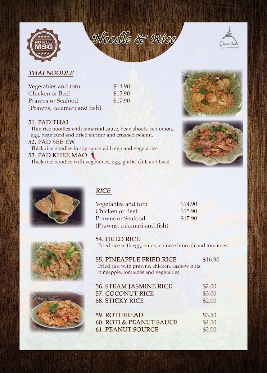 Menu, Centre Thai Cafe and Restaurant