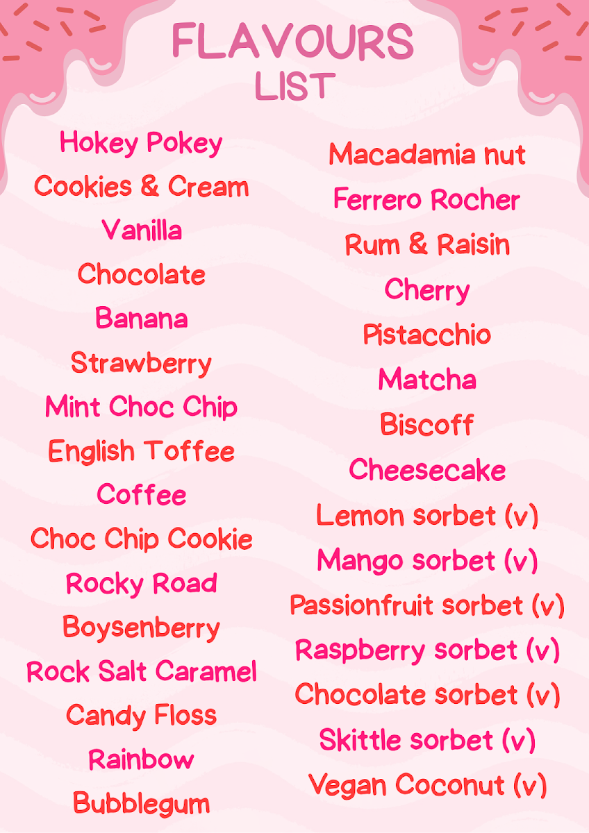 Menu, Freo Icecream & Waffles