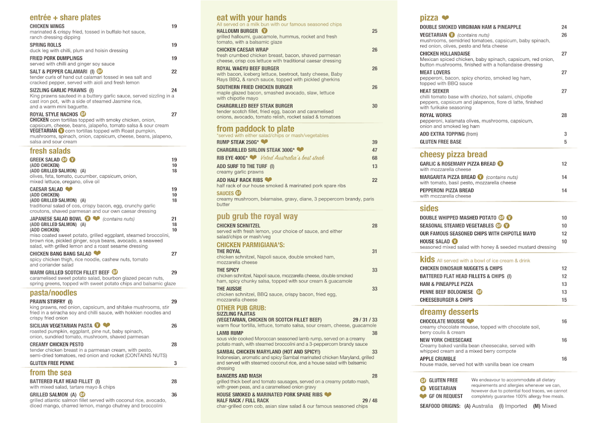 Menu, The Royal Hotel QBN