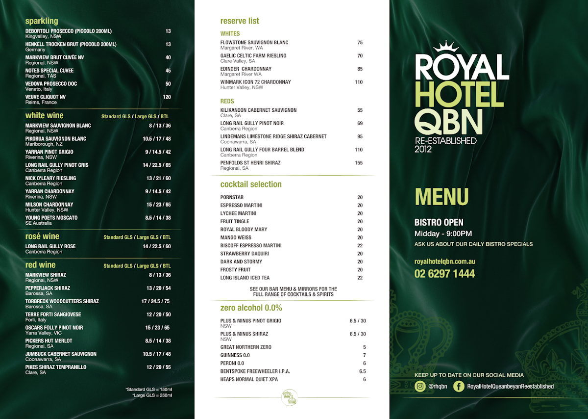 Menu, The Royal Hotel QBN