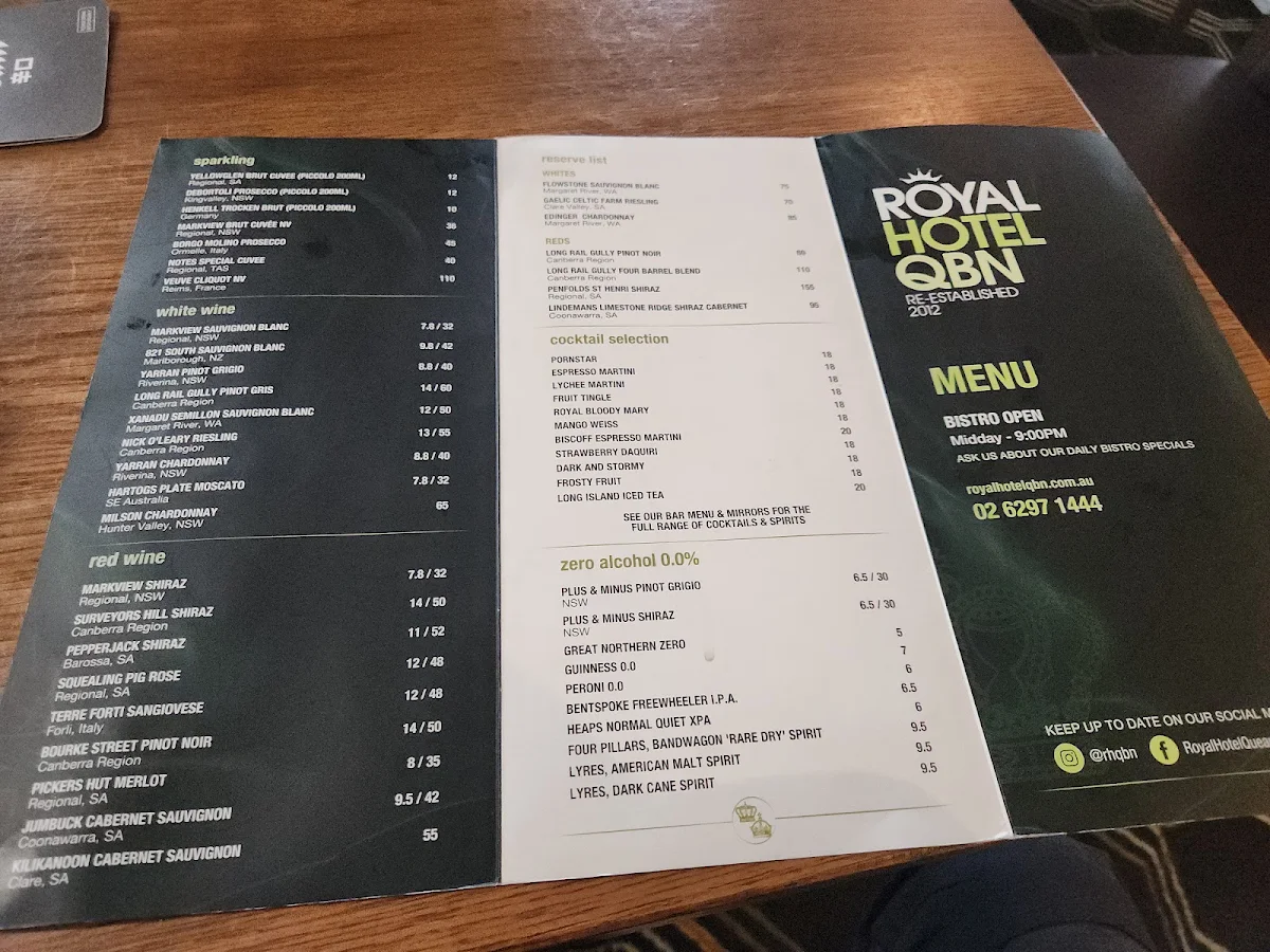 Menu, The Royal Hotel QBN
