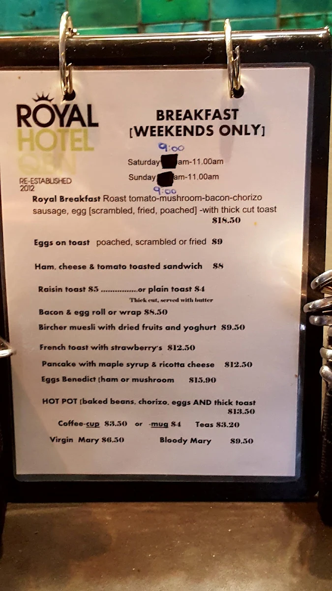 Menu, The Royal Hotel QBN