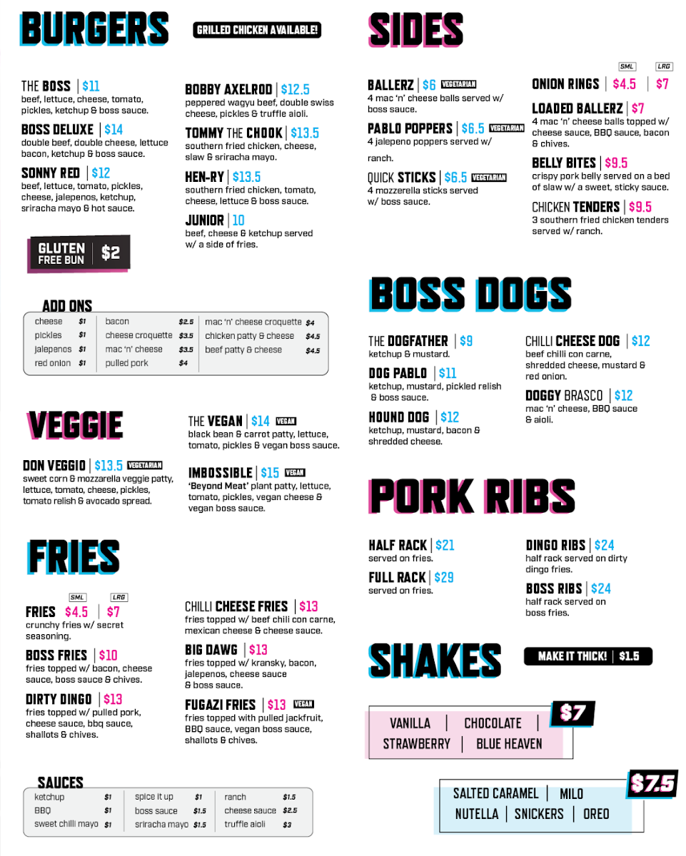 Menu, Boss Burger Co. Kingston