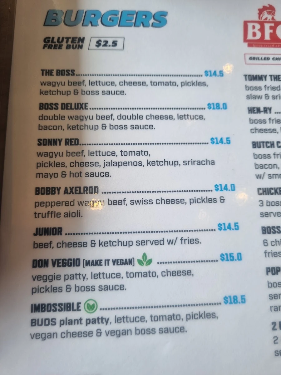 Menu, Boss Burger Co. Kingston