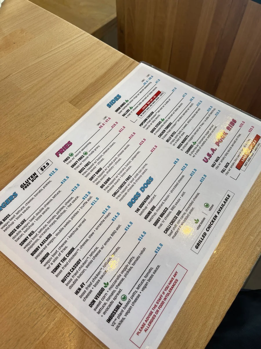 Menu, Boss Burger Co. Kingston