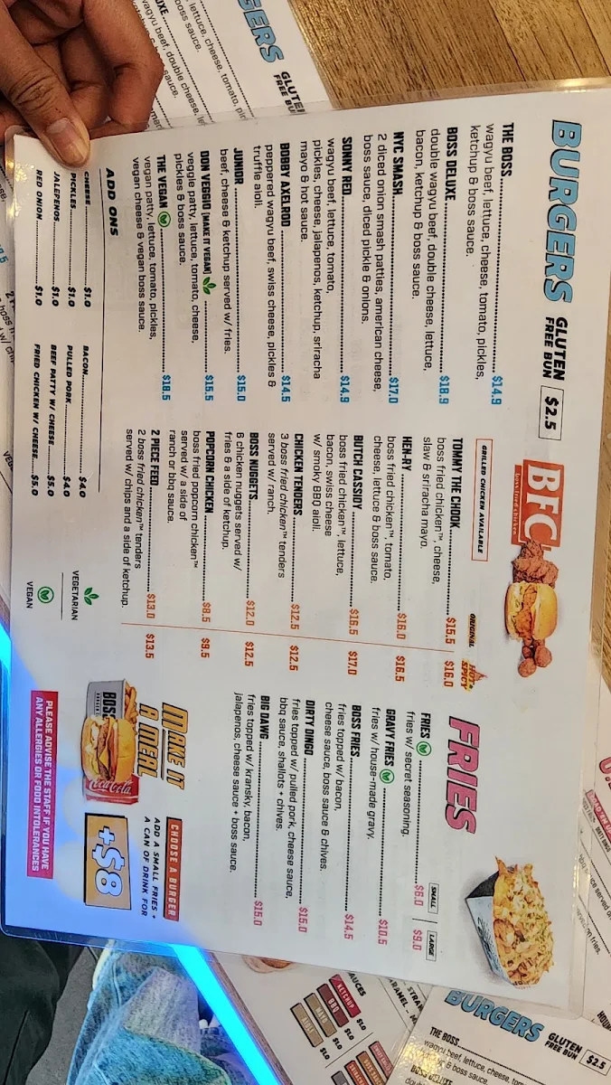 Menu, Boss Burger Co. Kingston