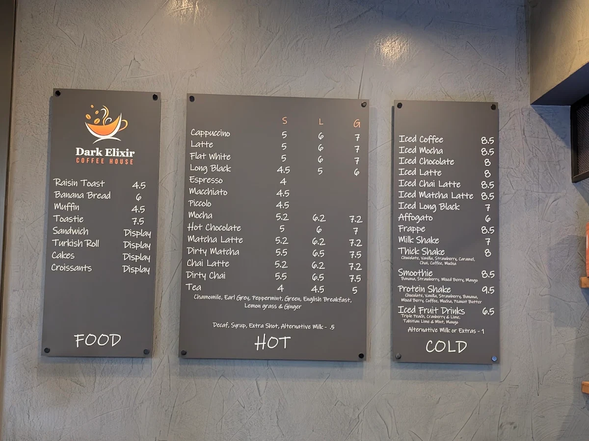 Menu, Dark Elixir Coffee House