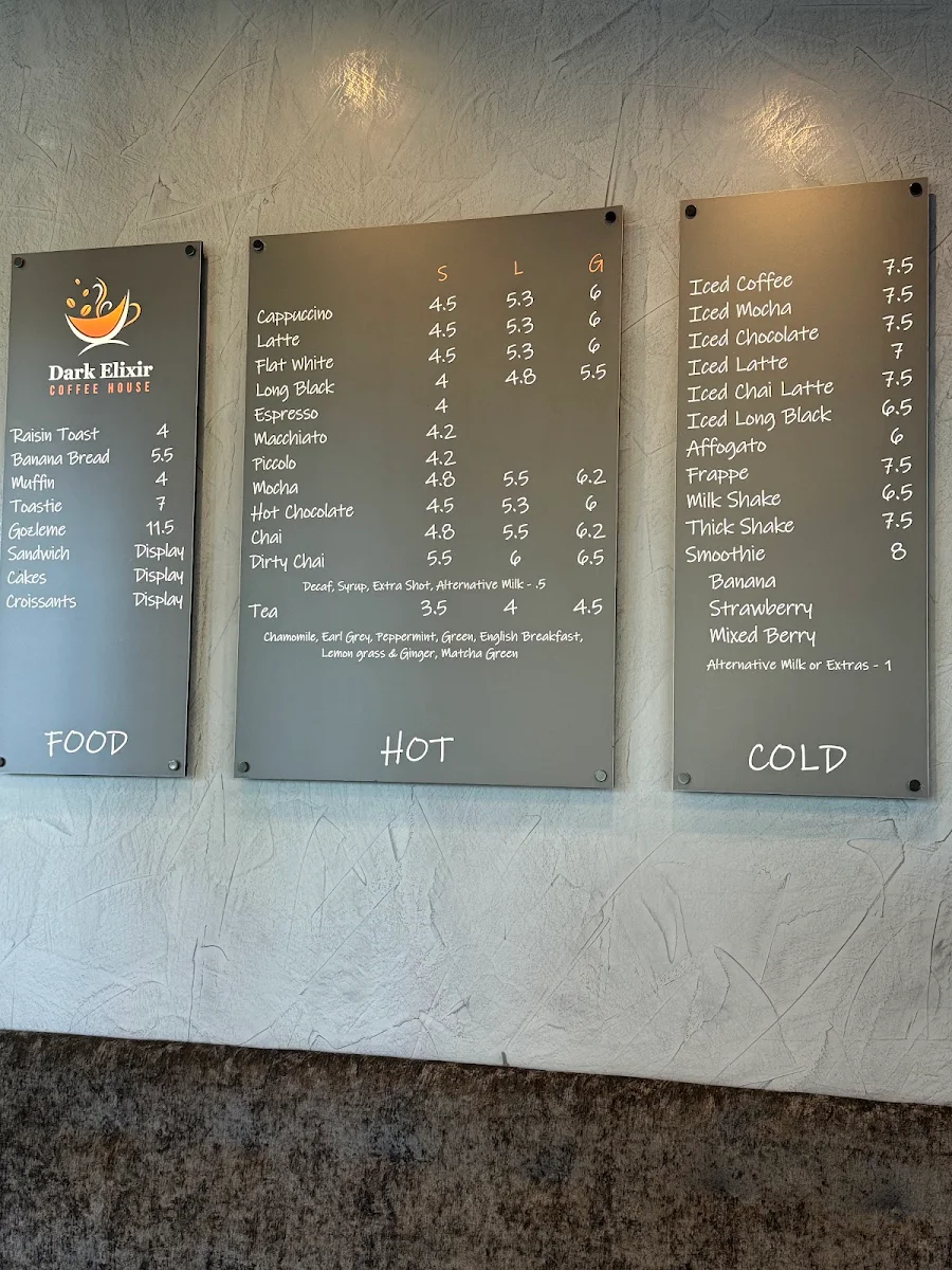 Menu, Dark Elixir Coffee House