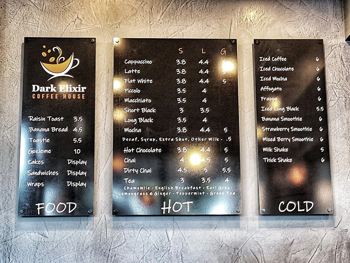 Menu, Dark Elixir Coffee House