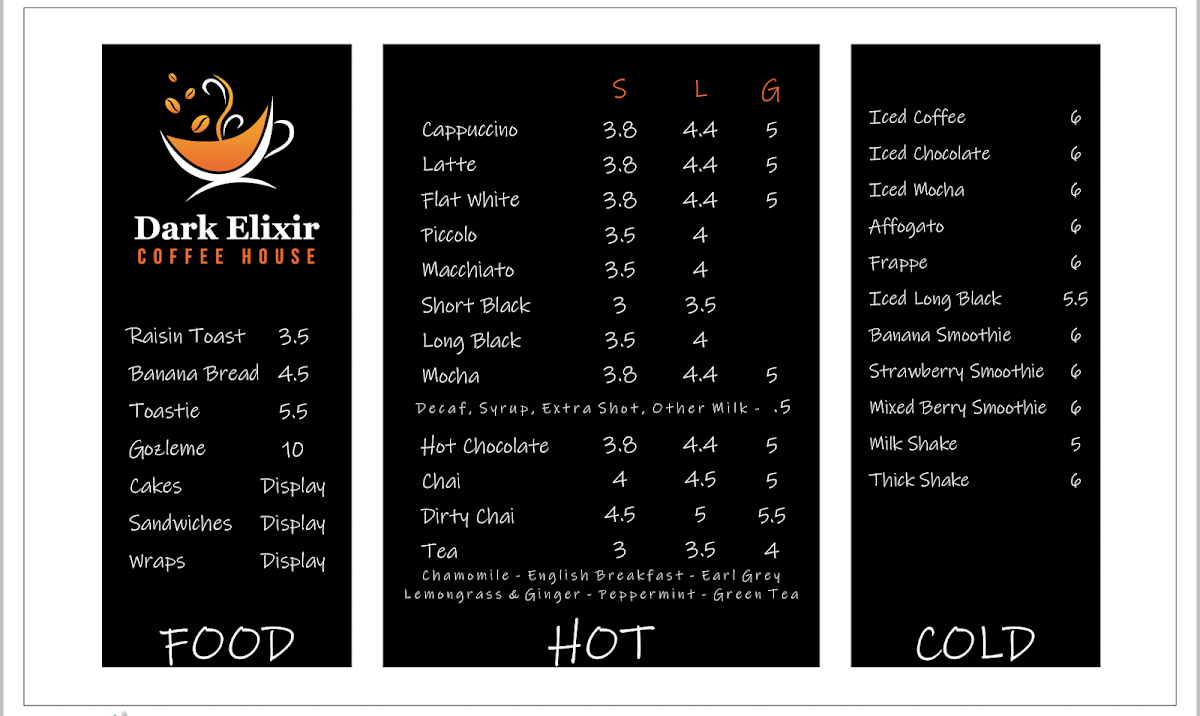 Menu, Dark Elixir Coffee House