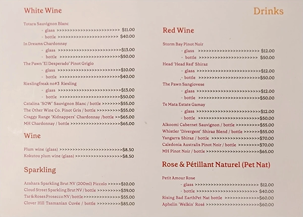 Menu, Kosaten Ballarat