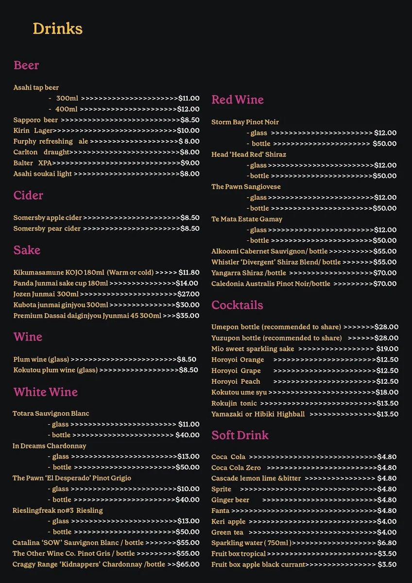 Menu, Kosaten Ballarat