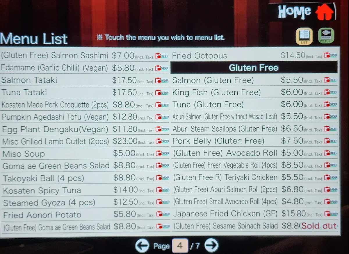 Menu, Kosaten Ballarat