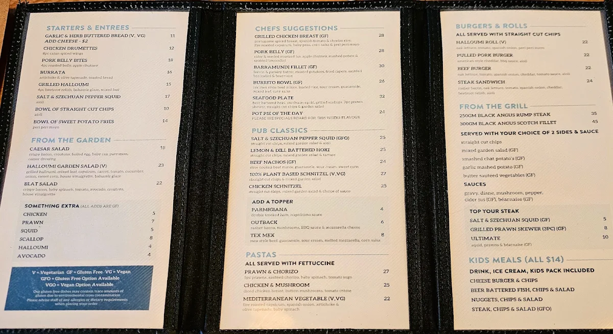 Menu, The Corrimal Hotel