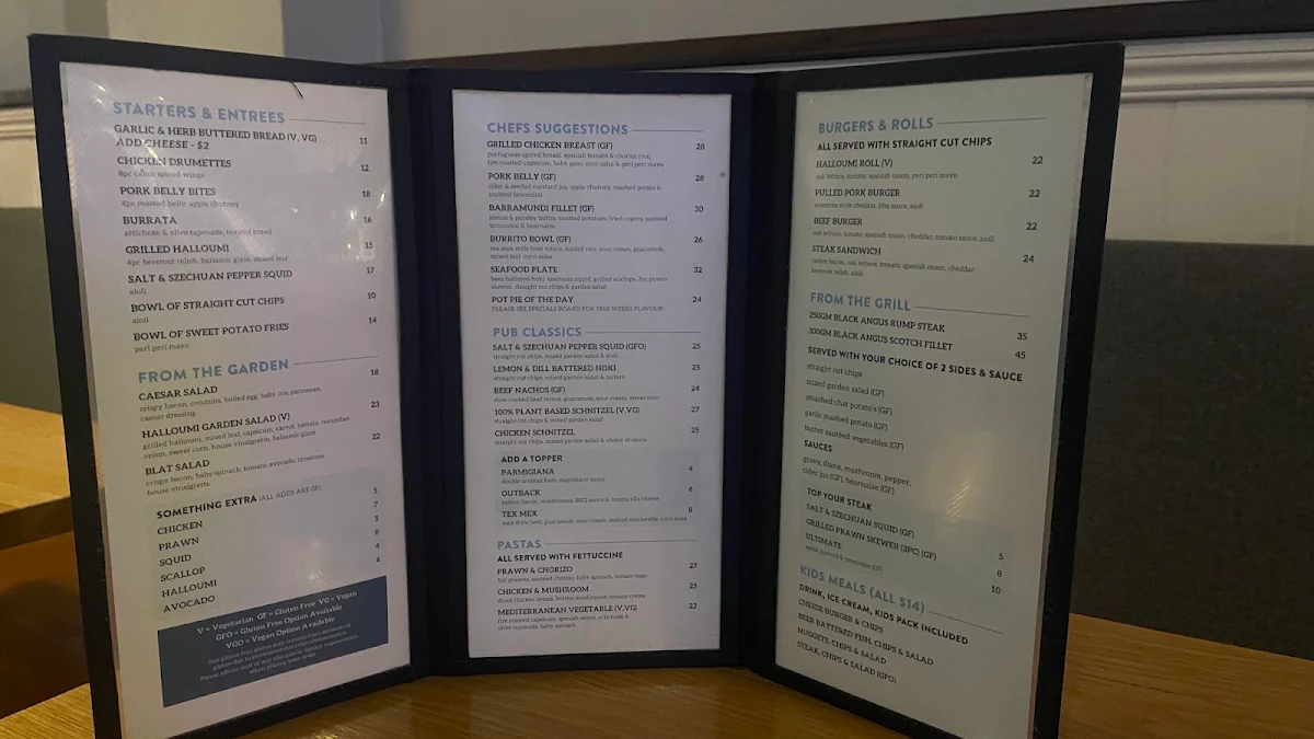 Menu, The Corrimal Hotel