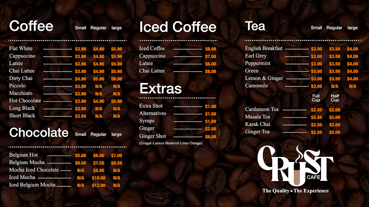 Menu, Crust Cafe