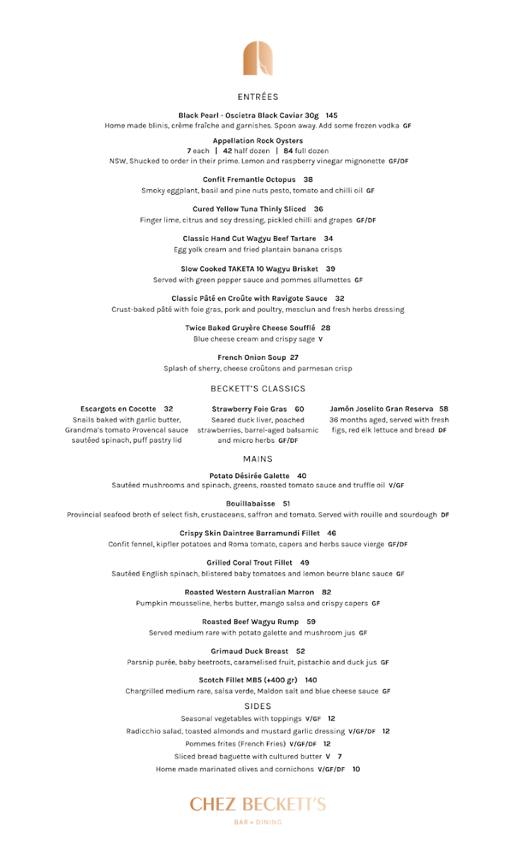 Menu, Chez Beckett's