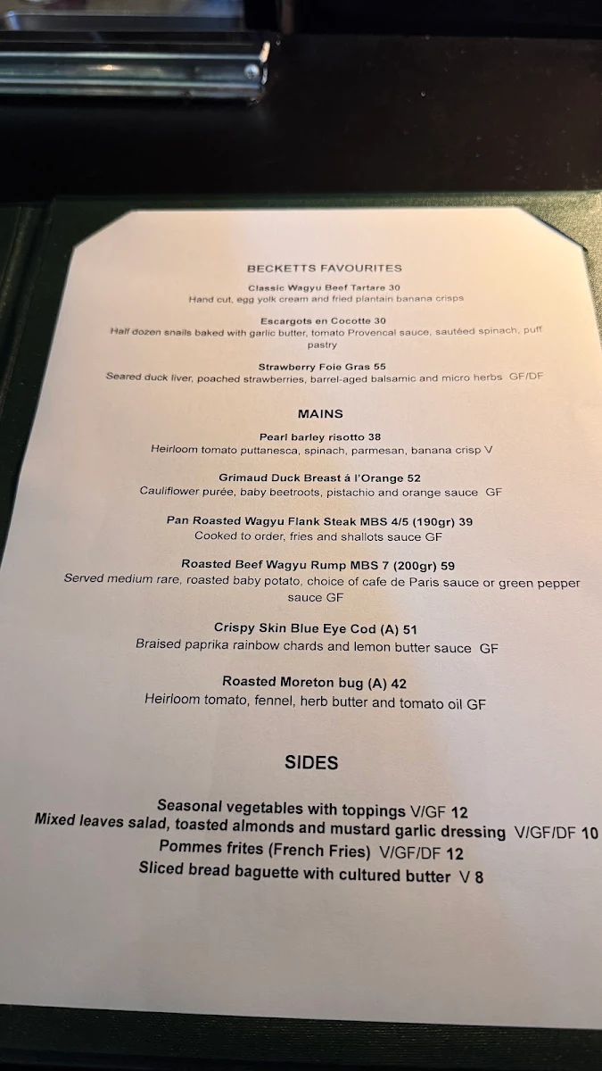 Menu, Chez Beckett's