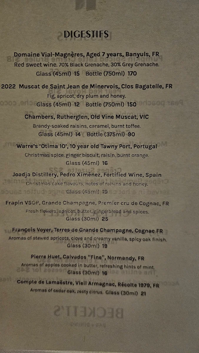 Menu, Chez Beckett's