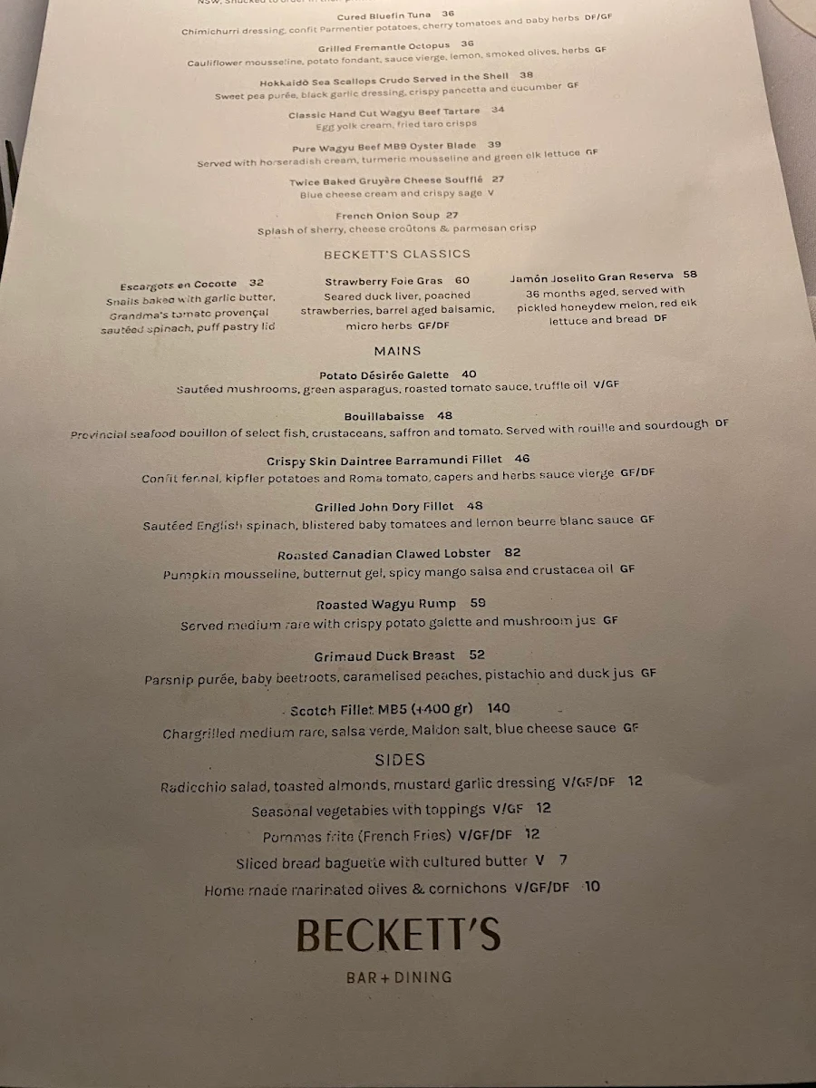Menu, Chez Beckett's