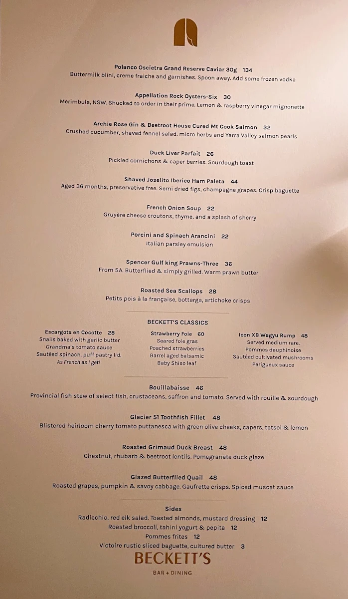 Menu, Chez Beckett's