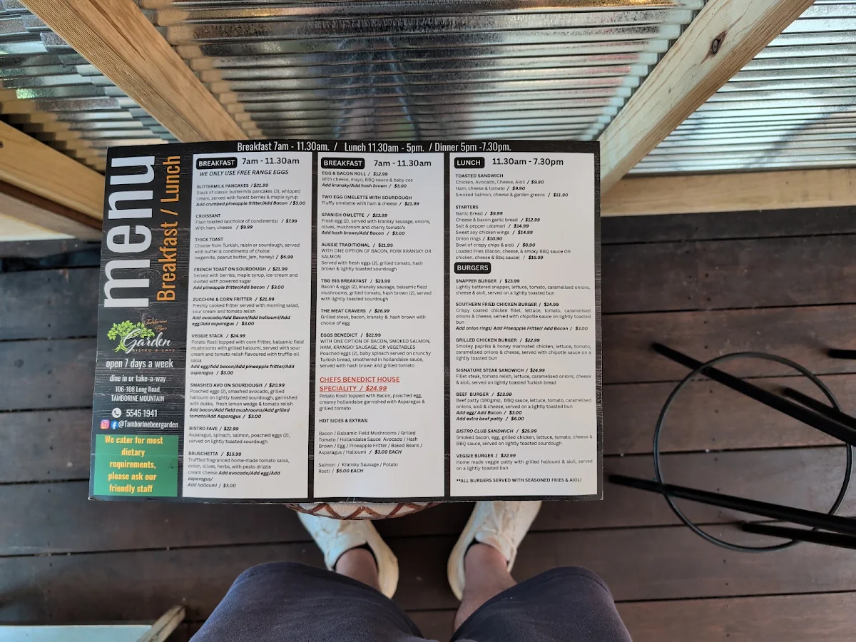 Menu, Tamborine Beer Garden