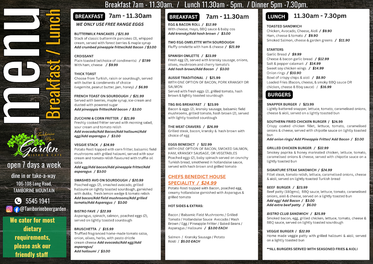 Menu, Tamborine Beer Garden