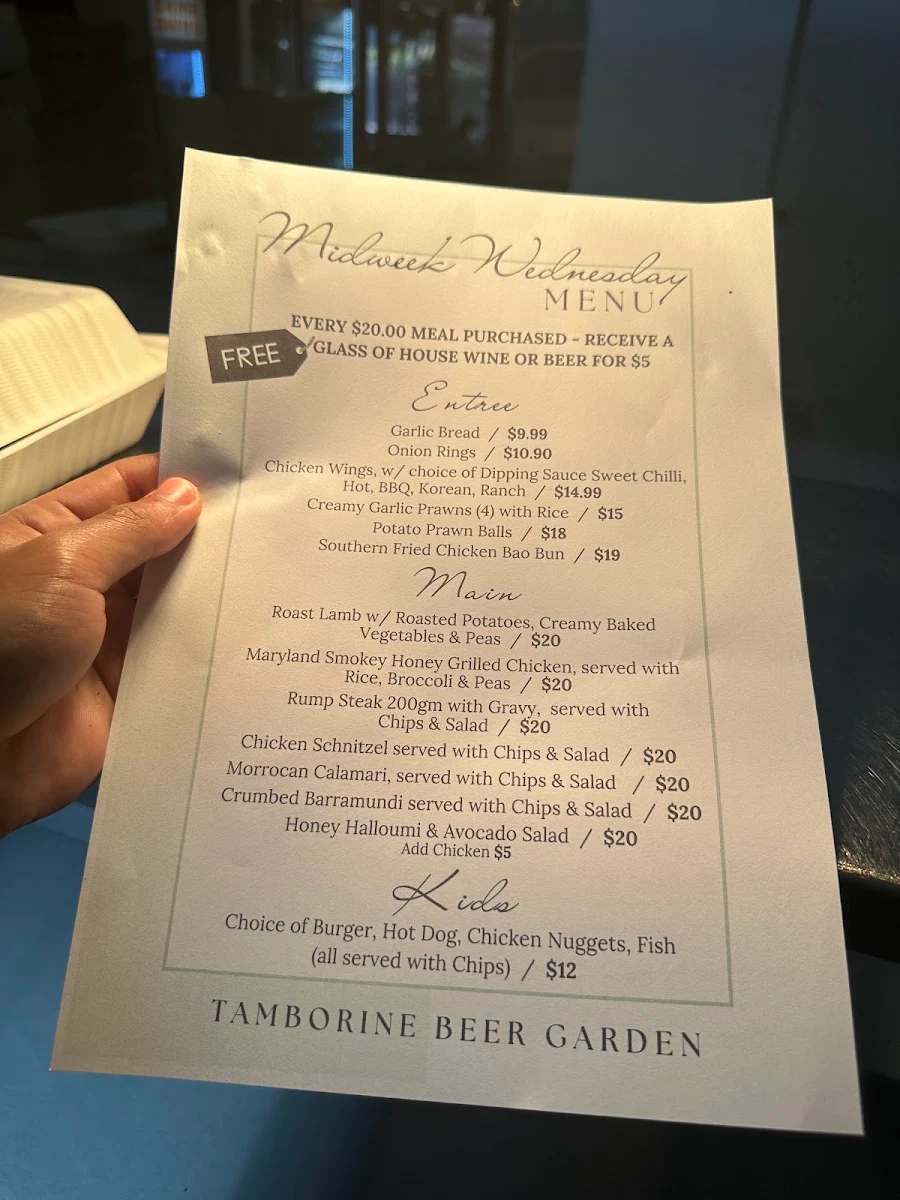 Menu, Tamborine Beer Garden