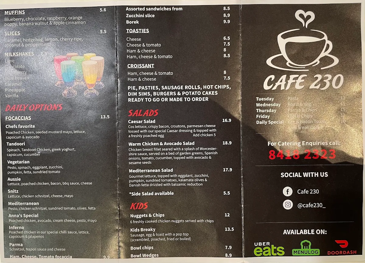 Menu, Cafe 230