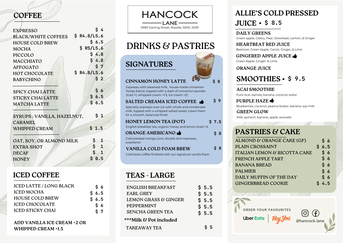 Menu, Hancock Lane