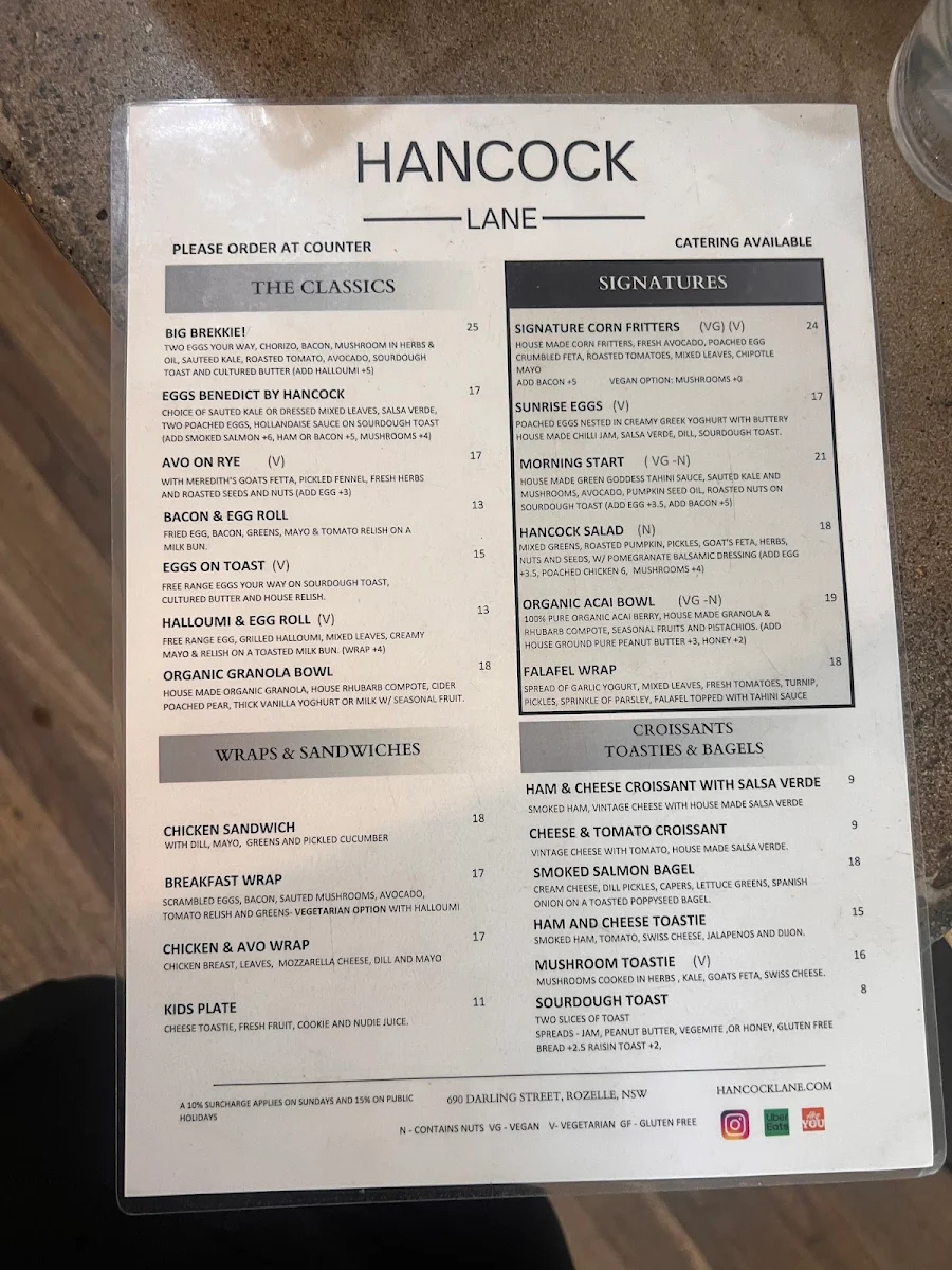 Menu, Hancock Lane