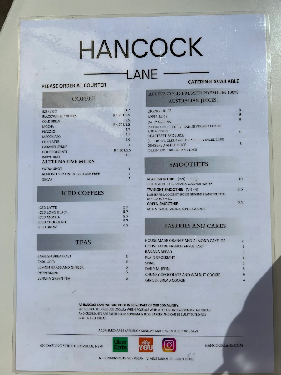 Menu, Hancock Lane