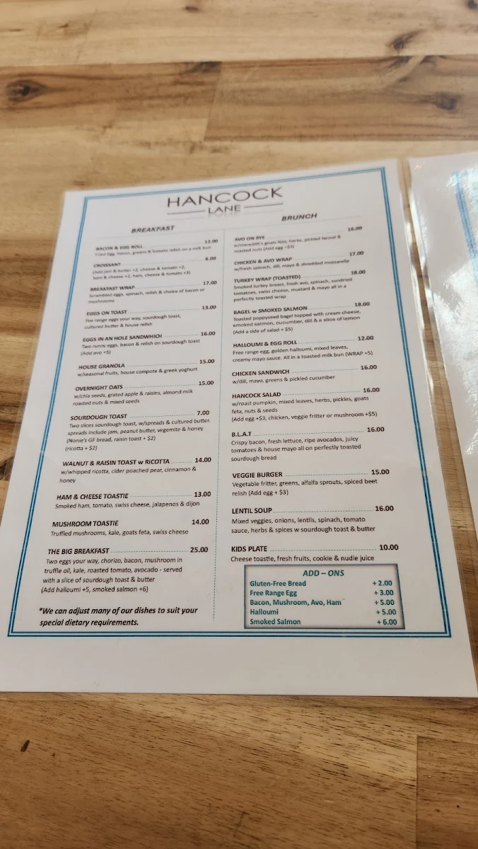 Menu, Hancock Lane