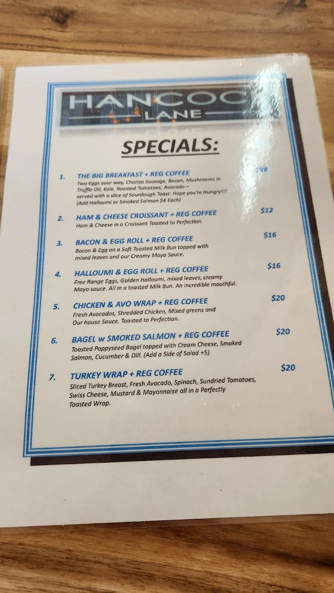 Menu, Hancock Lane