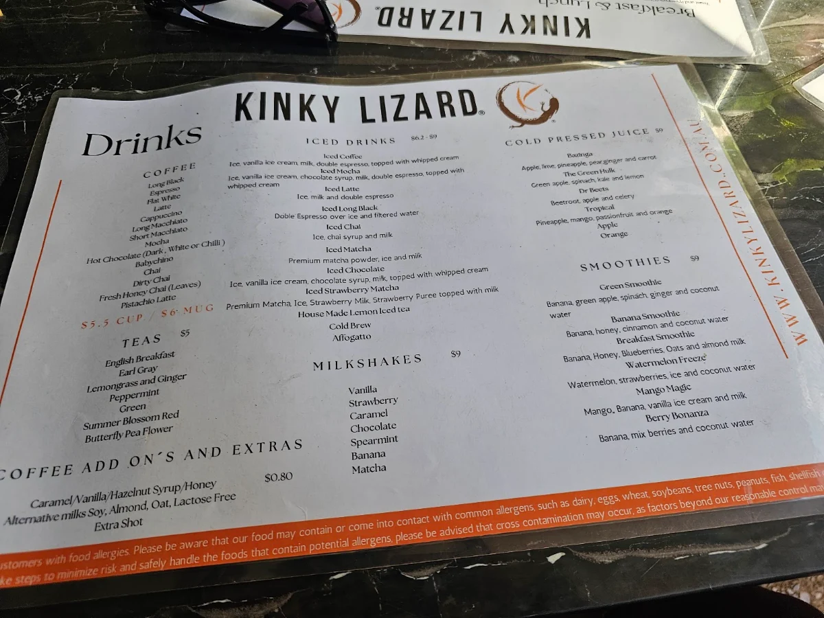 Menu, Kinky Lizard Cafe Adelaide Terrace