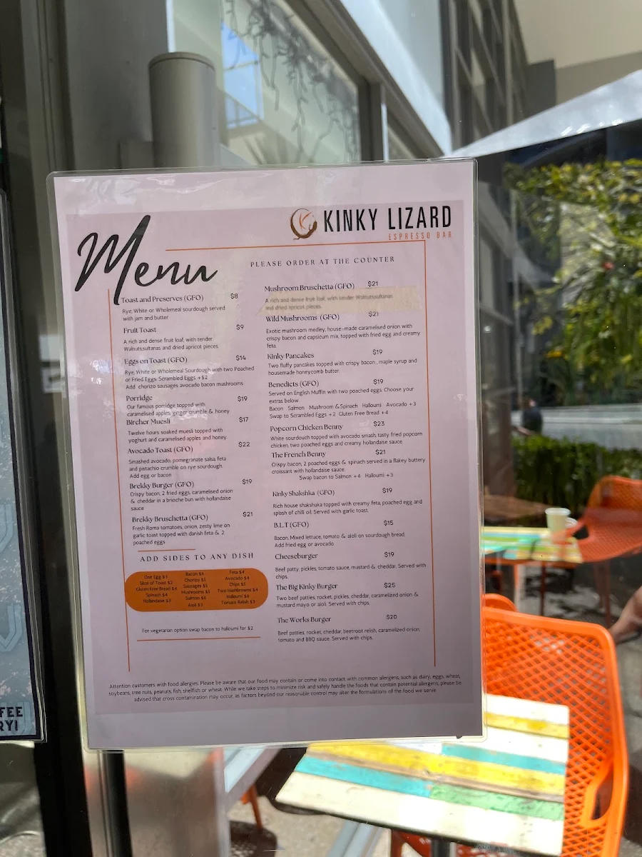 Menu, Kinky Lizard Cafe Adelaide Terrace