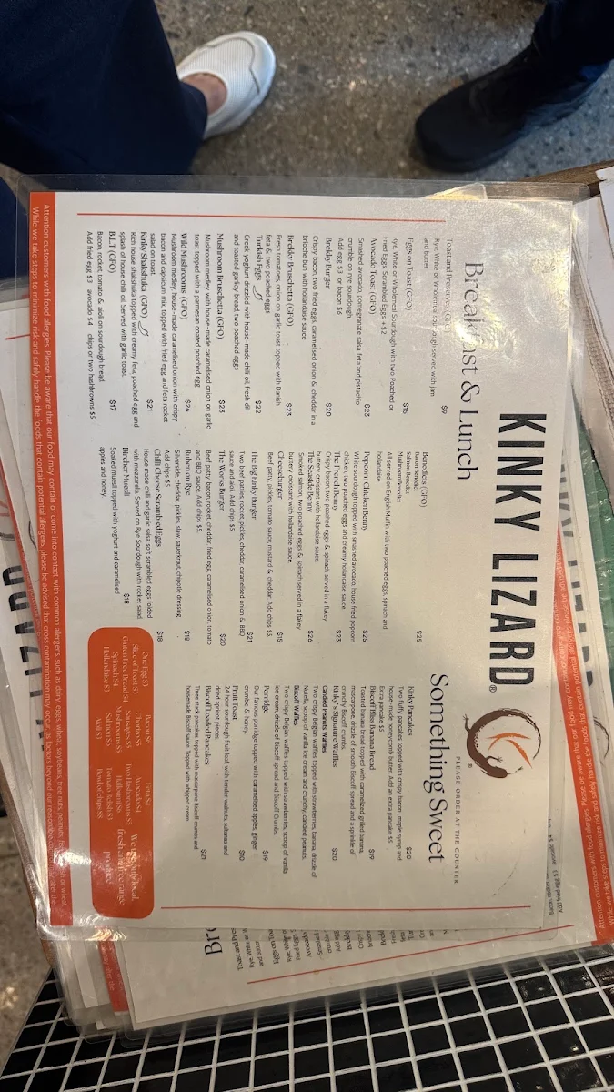 Menu, Kinky Lizard Cafe Adelaide Terrace